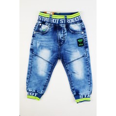 Spodnie chłopięce jeansowe niebieskie z zielonymi wstawkami