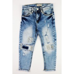 Spodnie jeansowe dla dziewczynki z przetarciami i dżetami