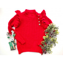 Czerwony sweter dziewczęcy z falbankami i guziczkami